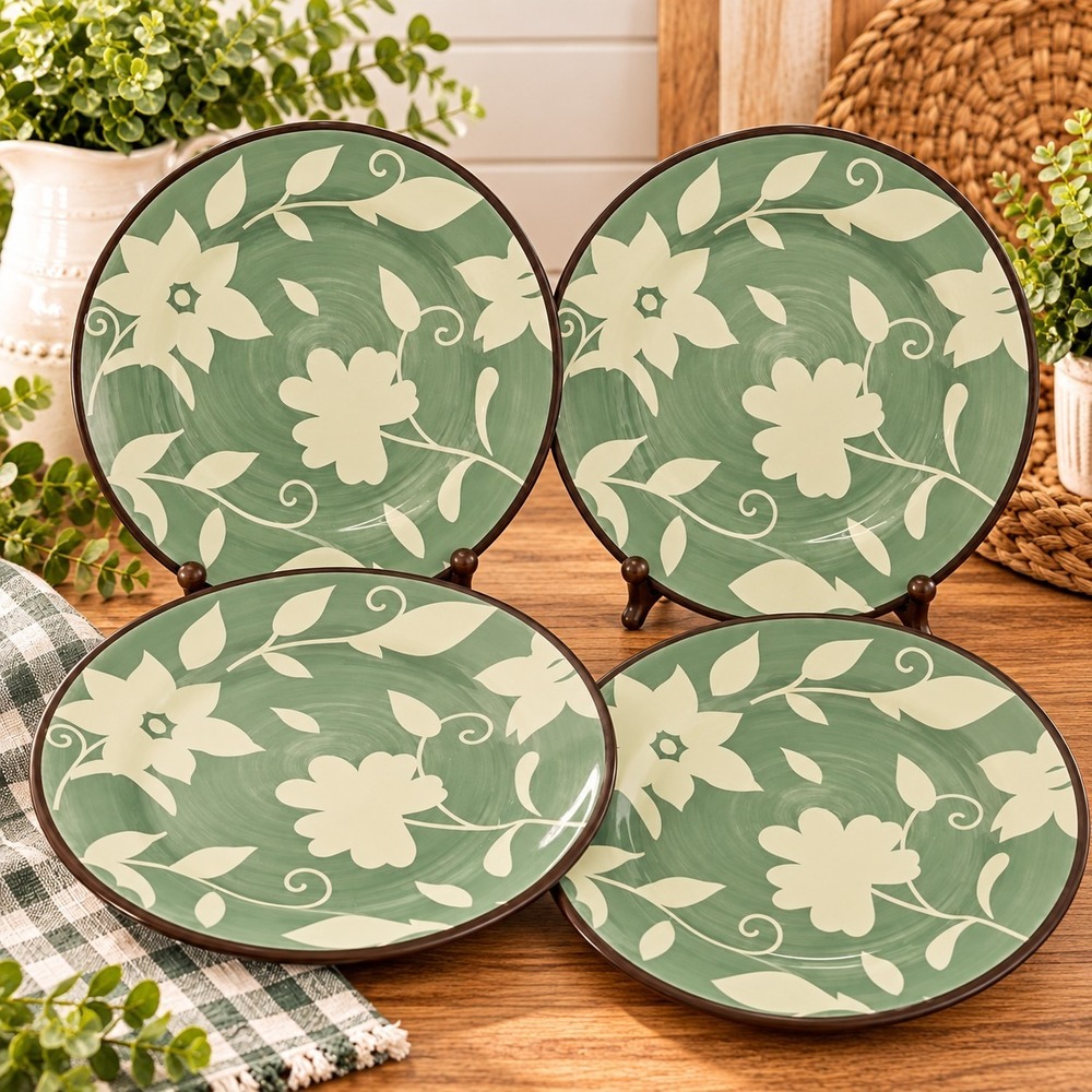 Pfaltzgraff Patio Garden Melamine Luncheon Plates 9" Set Of 4 Sage Earthy Boho